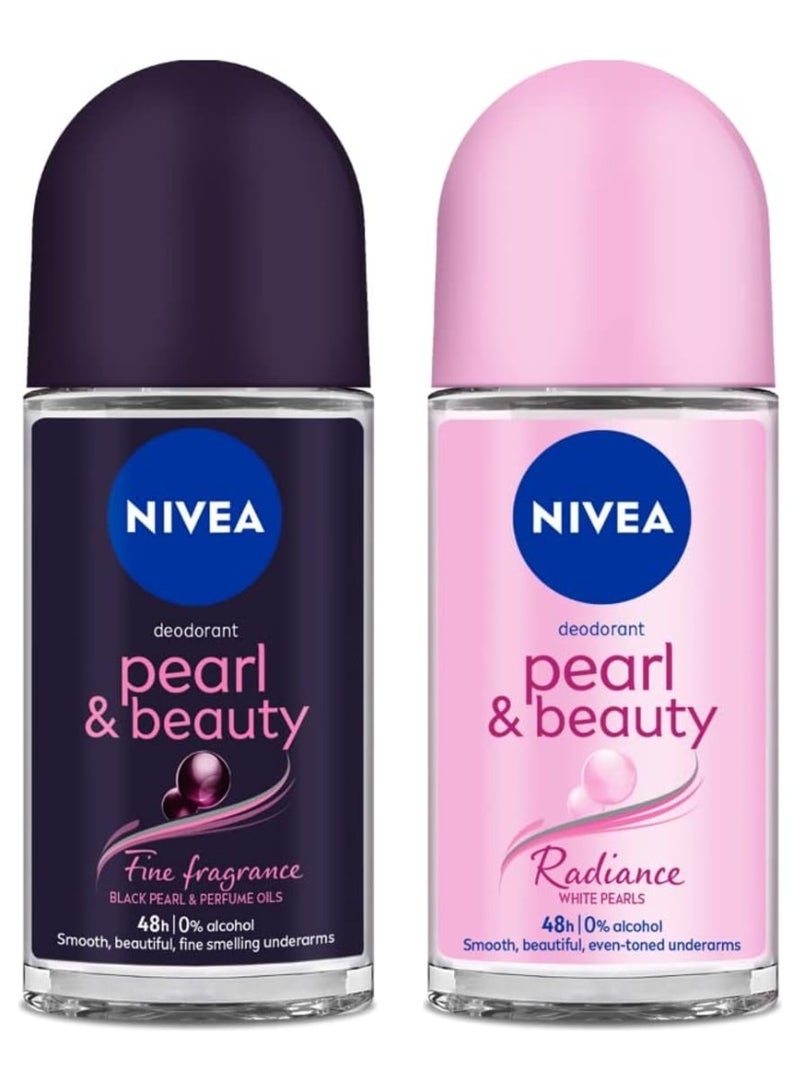 نيفيا مزيل العرق الدوار للنساء من نيفيا، عطر بيرل آند بيوتي فاين 50 مل ومزيل العرق نيفيا الدوار للنساء، بيرل آند بيوتي راديانس لتحت الإبطين الناعم والجميل، 50 مل (عبوة من قطعتين) - Image 1